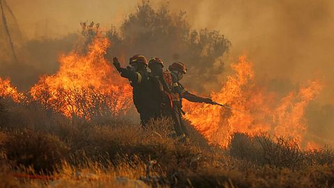 Firefighters use a hose as the try to extinguish the blaze near the town of Lerapetra on the south coast of Crete island, Greece 3 July. 
