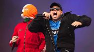 J. J. O Dochartaigh, left, and Naoise O Caireallain of the hip hop trio Kneecap performs in Finsbury Park on Saturday, 5 July 2025, in London.